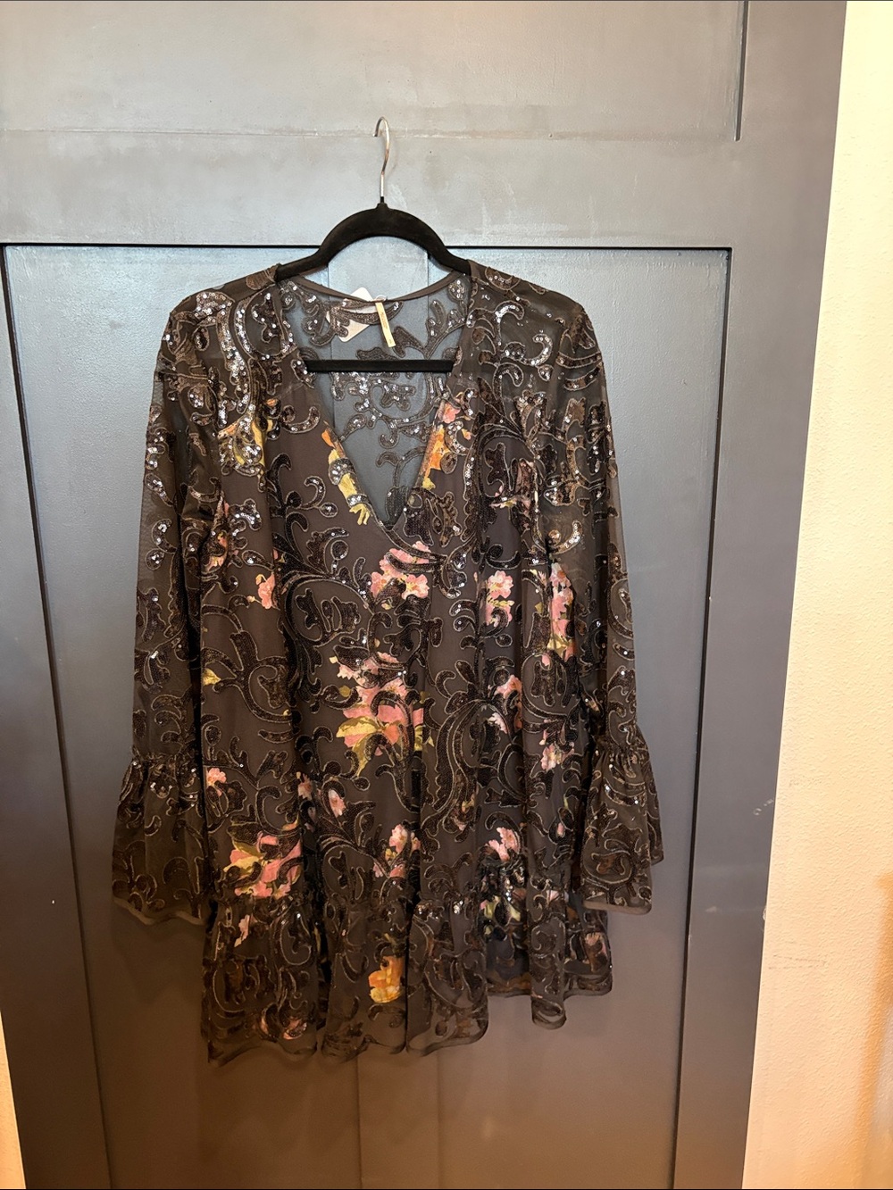 709. Free People Black Midi Dress with Pink and Yellow Floral Accents